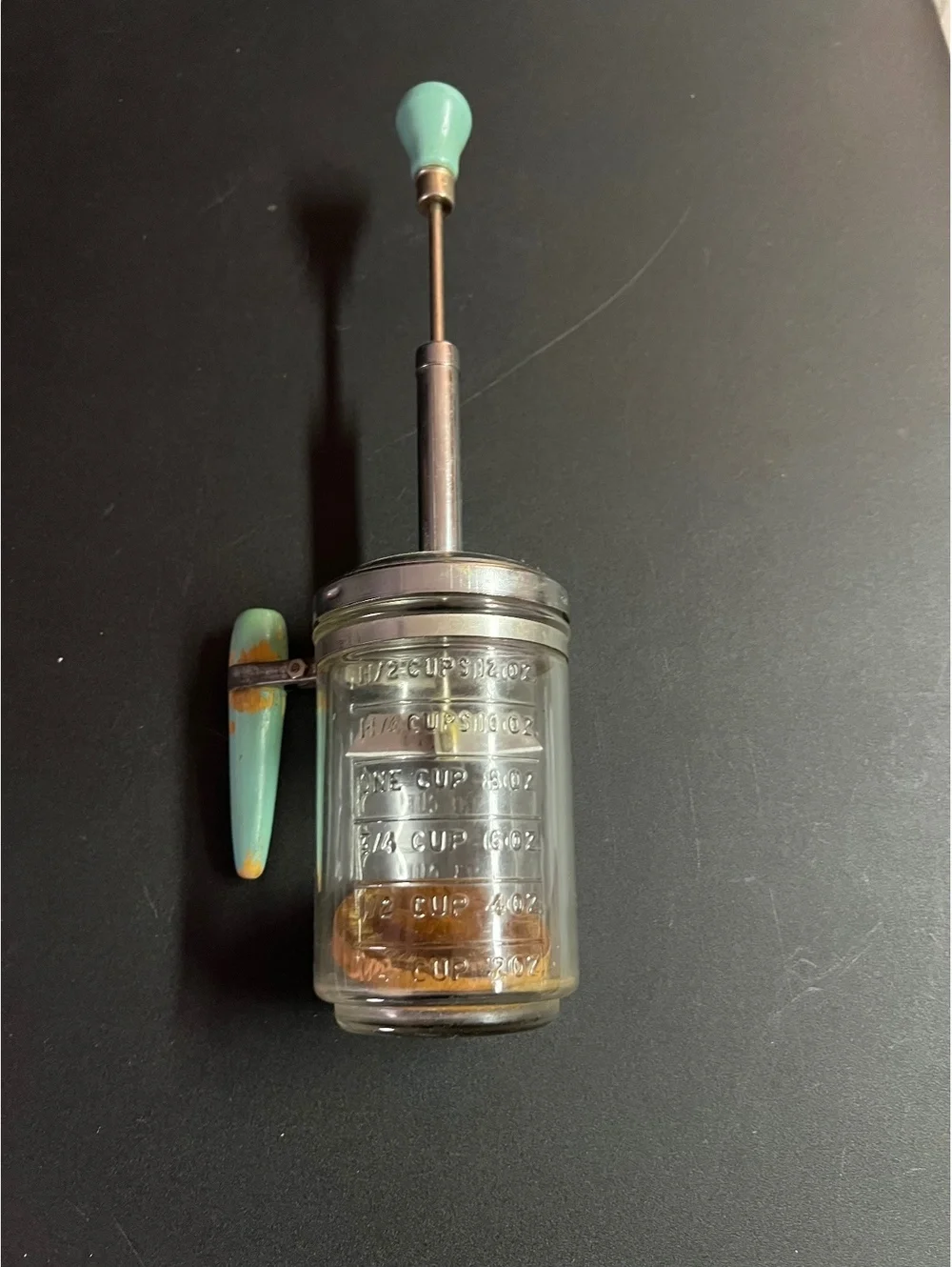 Vintage 1950’s Glass Measurements Food Chopper Metal Lid green Wooden Handle